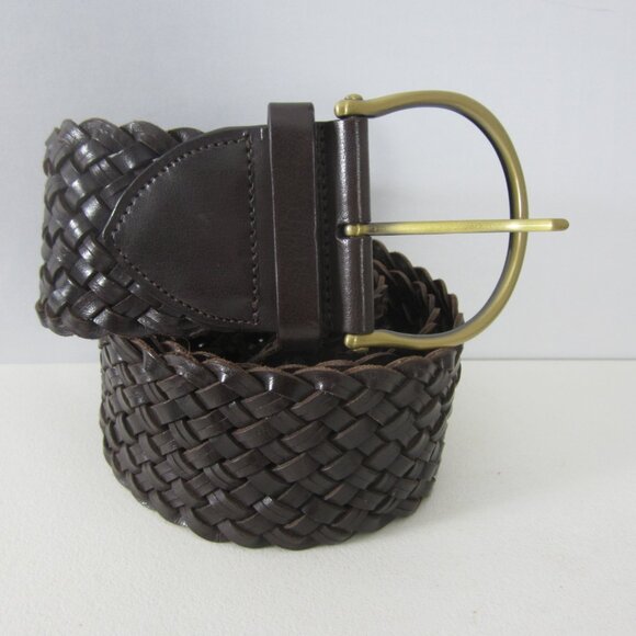 New Cole Haan Womens Medium Brown Leather Woven Belt Brass Buckle 34\